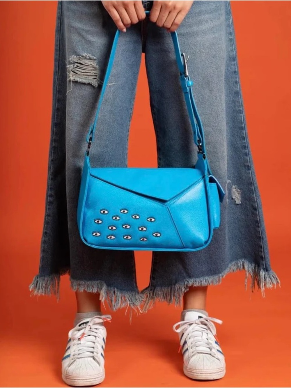Blue Houston Eye-Embellished Leather Shoulder Bag Min & Mon with extra strap - Picture 8 of 8
